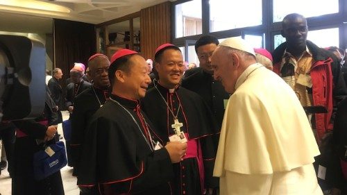 教宗與參加世界主教會議的兩位中國主教會面並相互問候